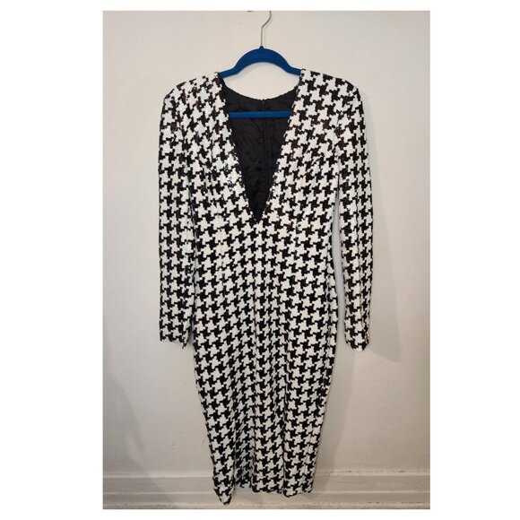 HAMEL Sequin Houndstooth Plunging V Midi Dress - Picture 2 of 11